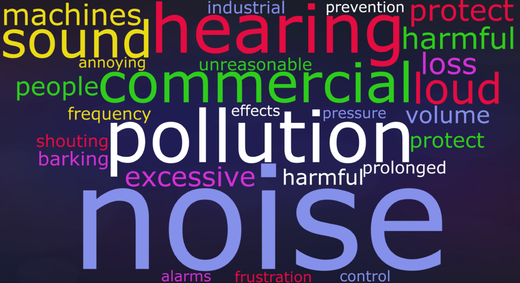 Word cloud containing machines sound annoying industrial hearing prevention protect harmful loss loud commercial people frequency effects pressure volume shouting barking pollution protect excessive harmful prolonged  noise alarms frustration and control