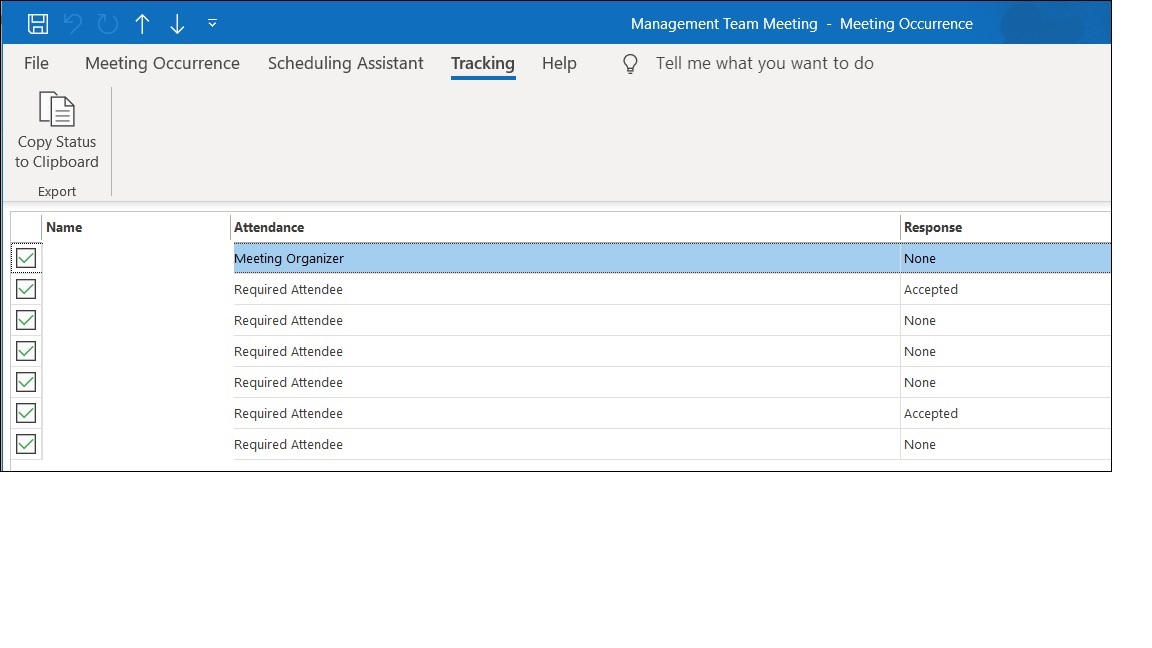 Outlook meeting invitation showing the Tracking tab responses